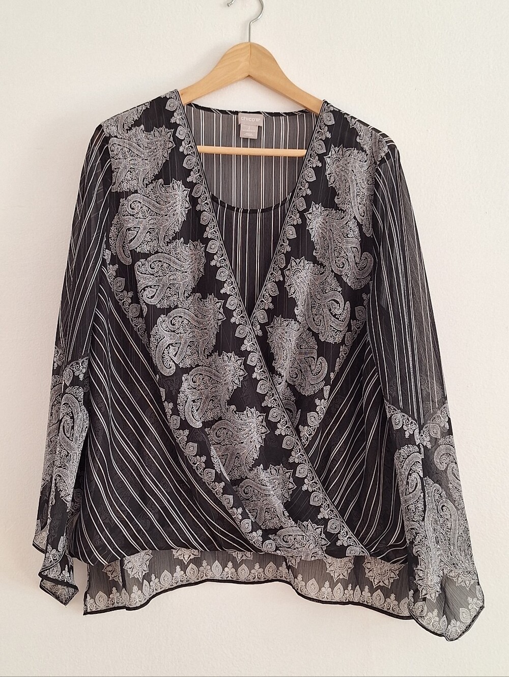 Chico's Black and White Paisley Wrap Blouse